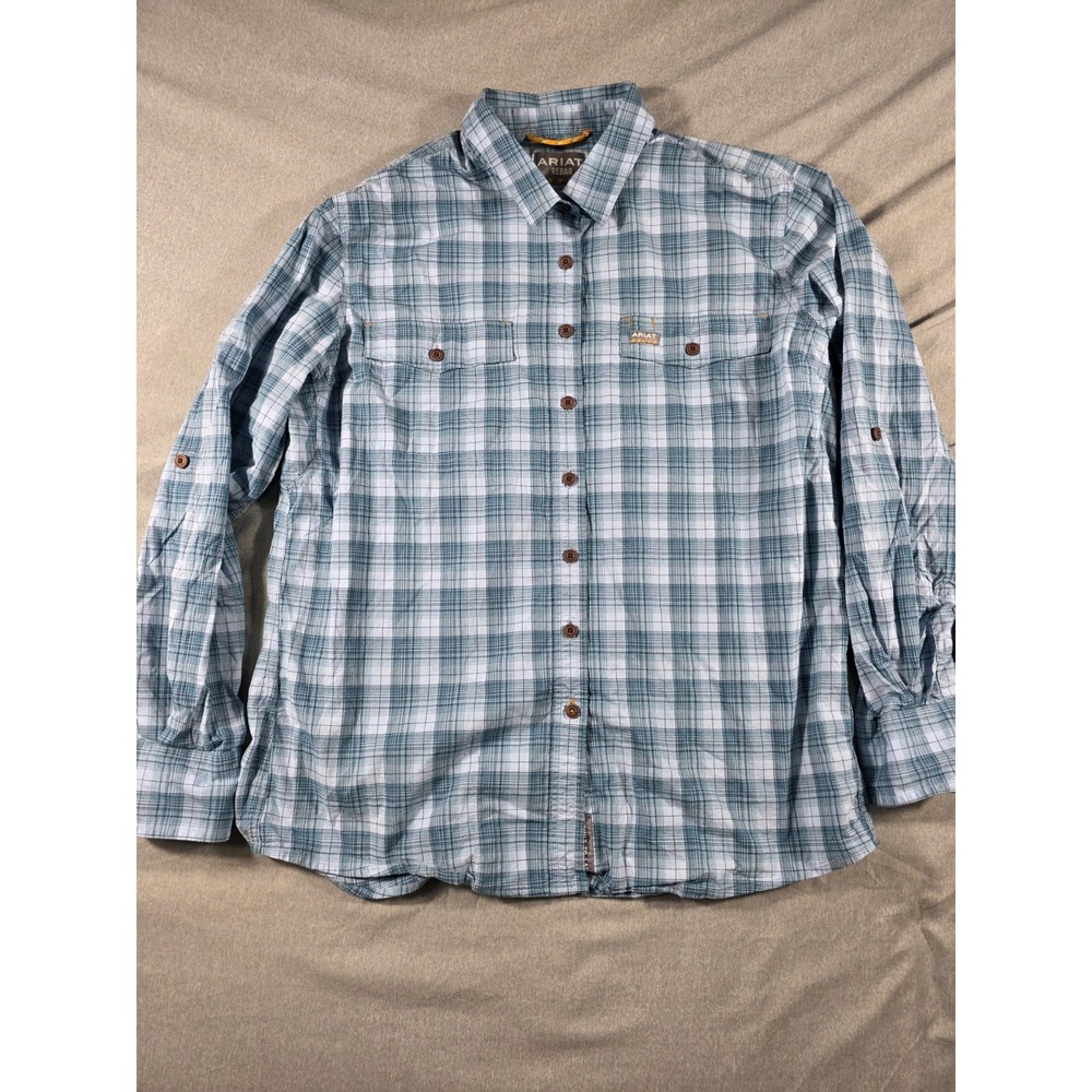 Ariat Rebar Shirt Womens XL Blue Plaid Outdoors Work Roll-Tab Sleeves Stretch